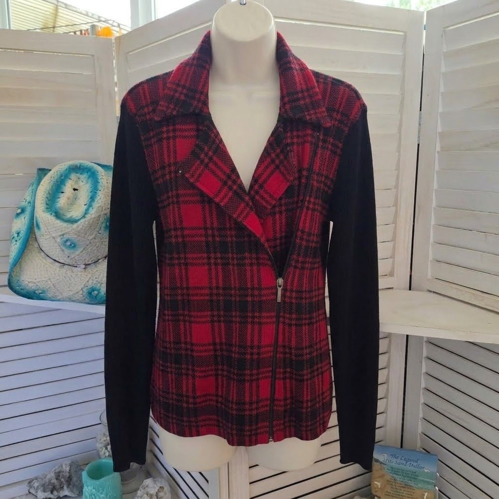 Chaps Small Red Black Plaid Asymmetrical Zip Knit Cardigan Sweater Jacket Small